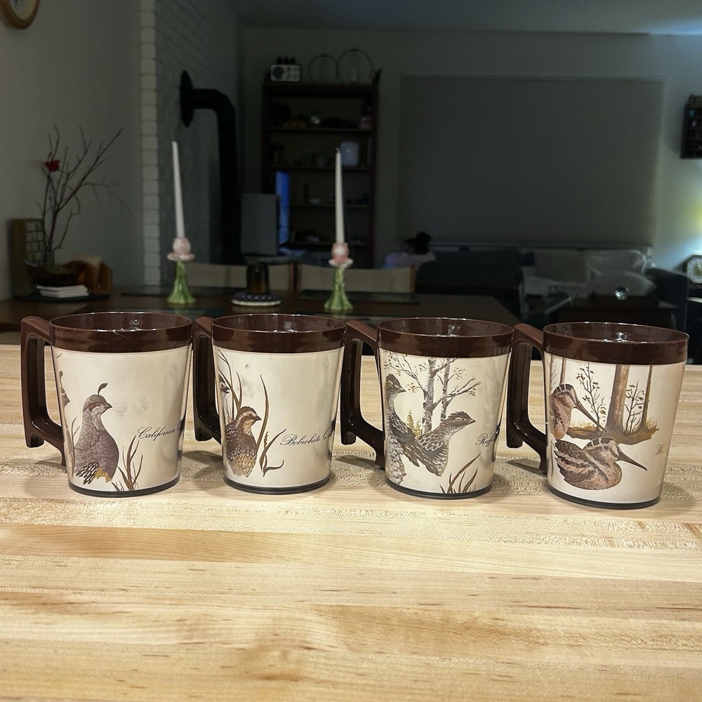 Vintage 4 Flambeau Plastic Thermal Cups Mugs USA California Quail Hunting Birds